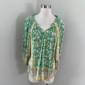 Democracy Womens XL Floral Boho Peasant Blouse Green Yellow Stretch Shirt Top